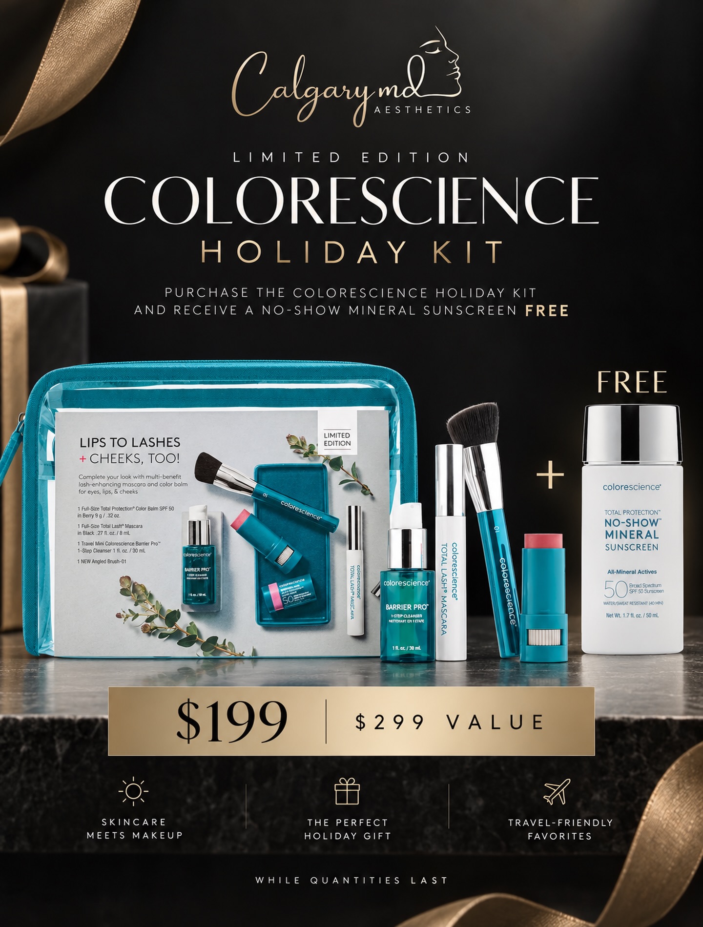 THE GIFT OF GREAT SKIN.

A limited-edition Colorescience holiday offer, curated for effortless everyday protection.

Purchase the Colorescience Holiday Kit for $199 and receive a complimentary No-Show™ Mineral Sunscreen.

$299 value · $199

A beautiful gift for someone special — or an excuse to restock your own favourites.

Available at CalgaryMD Aesthetics while quantities last.

#Colorescience #CalgaryMDAesthetics #LuxurySkincare #MineralSPF #CalgarySkincare