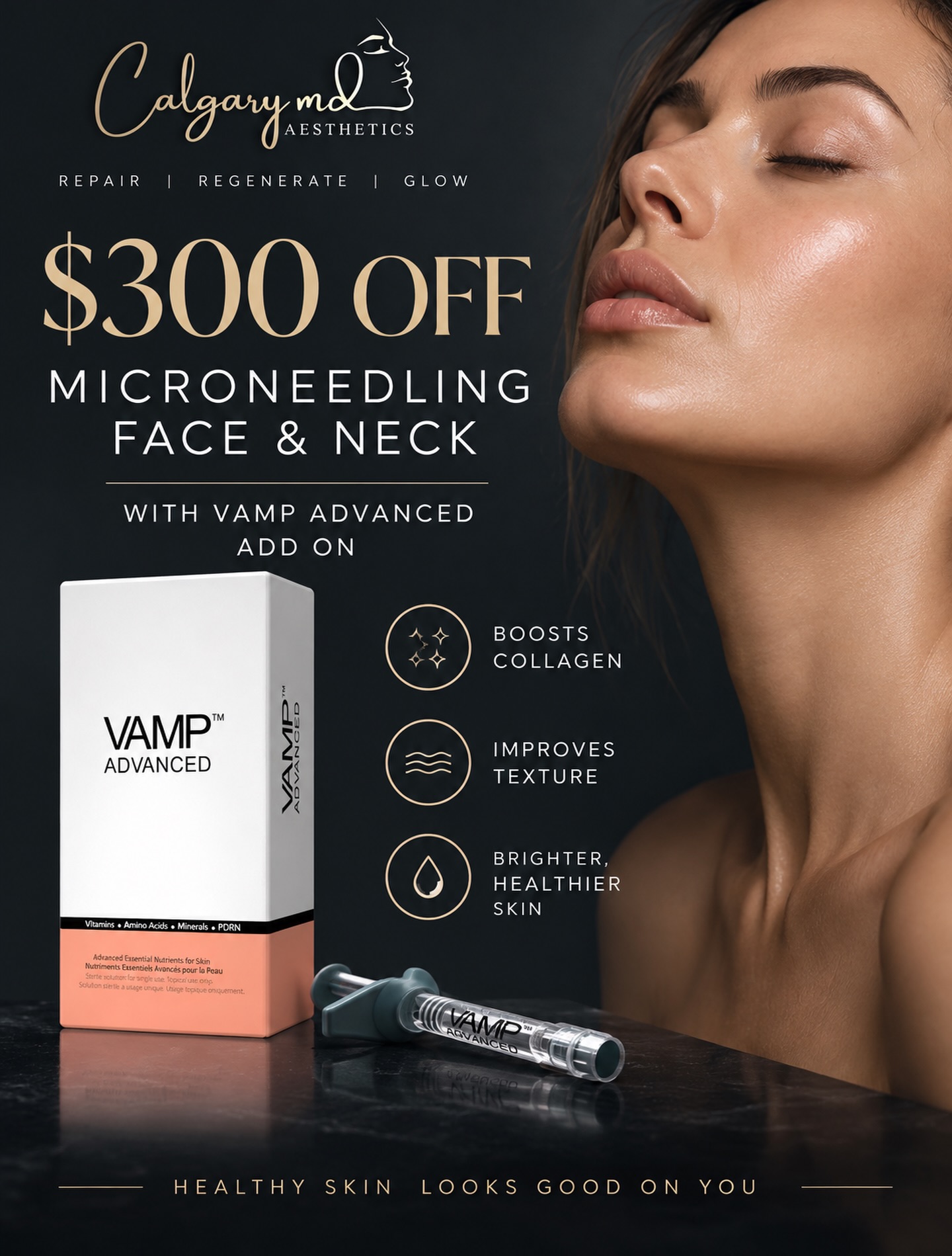 ✨ Your glow-up just got $300 better.

For a limited time, save $300 on Microneedling for the Face + Neck with a VAMP™ Advanced add-on.

Microneedling helps stimulate collagen and improve the appearance of texture, pores and fine lines, while VAMP Advanced adds PDRN, amino acids, vitamins and minerals to support skin rejuvenation.

Face + Neck + VAMP Advanced | SAVE $300

Perfect timing to refresh your skin heading into fall. 🤍

Limited-time offer. Booking link in bio! 

#CalgaryAesthetics #CalgaryMicroneedling #MicroneedlingCalgary #VAMPAdvanced #CalgarySkinClinic